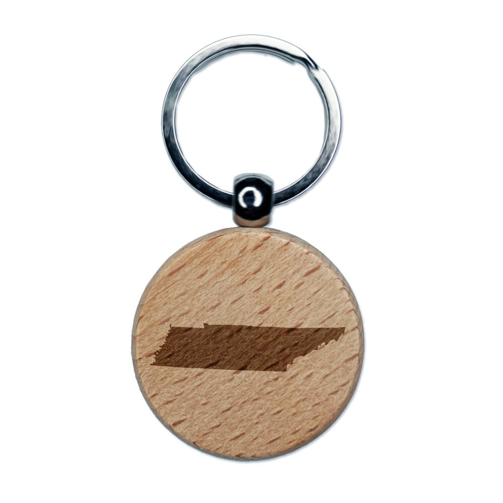 Tennessee State Silhouette Engraved Wood Round Keychain Tag Charm