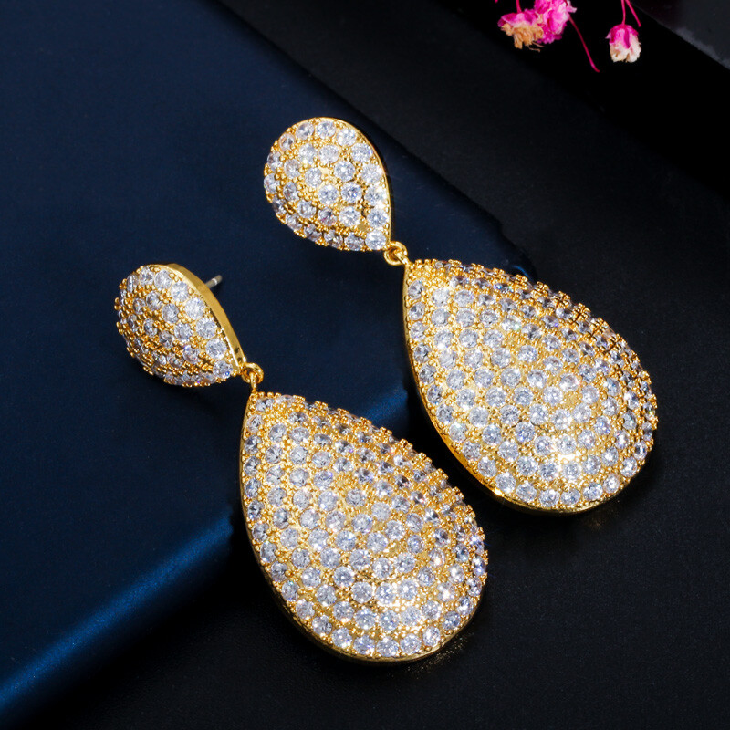 Yellow Gold Plated CZ Paved Settings Drop 925 Sterling Silver Earrings for Women