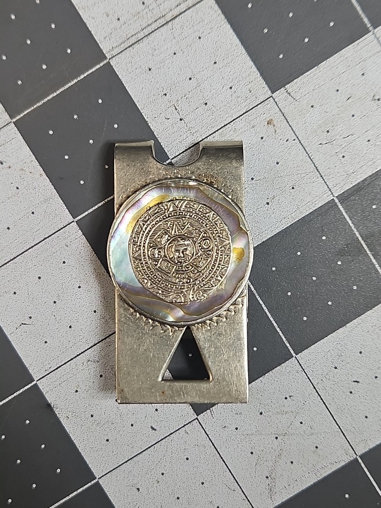 Vintage Mexican Aztec Sterling Silver Abalone Money Clip GUC Hecho Mexico