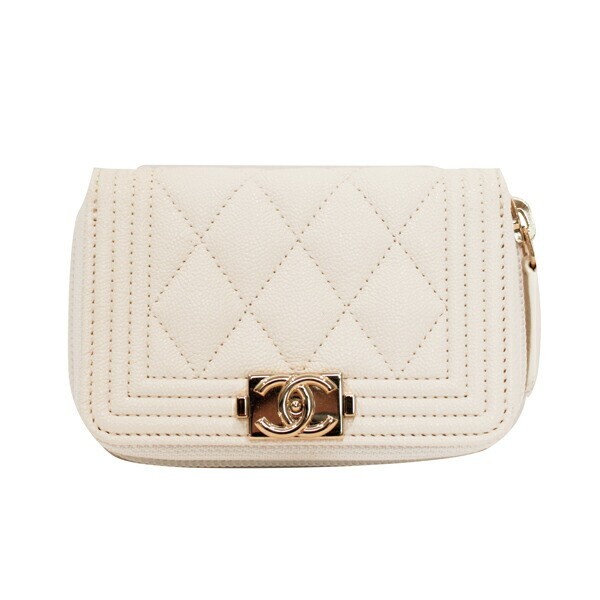CHANEL Boy Chanel Card Case Coin Case Caviar Skin White With Box Authentic