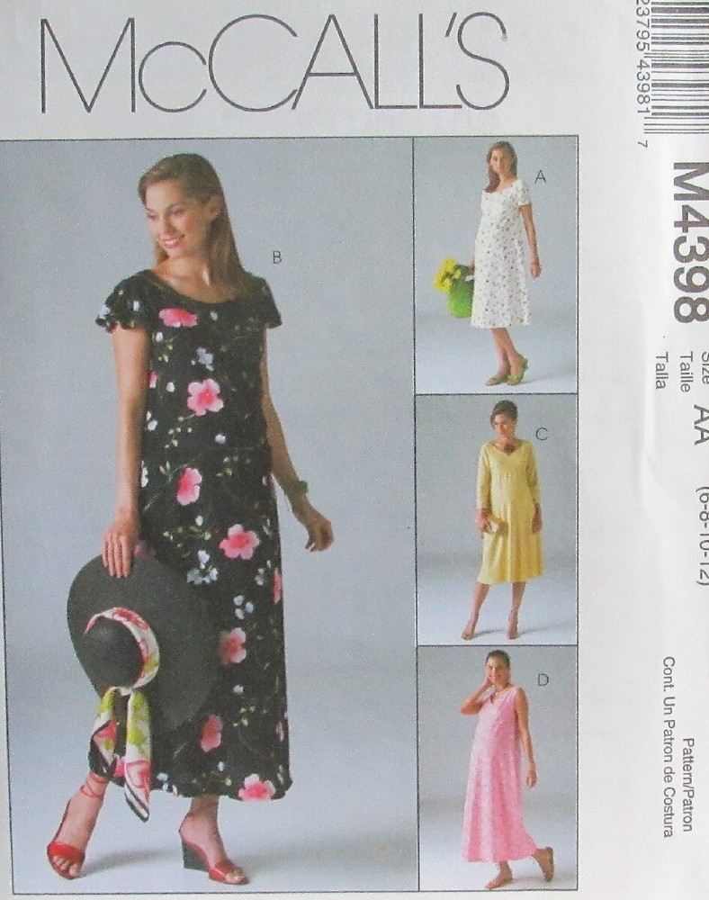 McCalls 4398 EASY Womens 6-8-10-12 Maternity Empire Smock Dress Pattern UNCUT