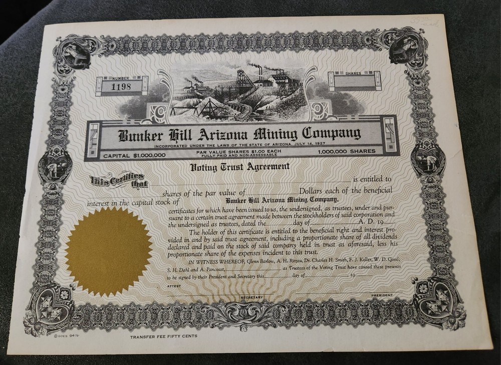 Vintage 1930s Arizona Bunker Hill Mining Co Stock Certificate Rare Collectible