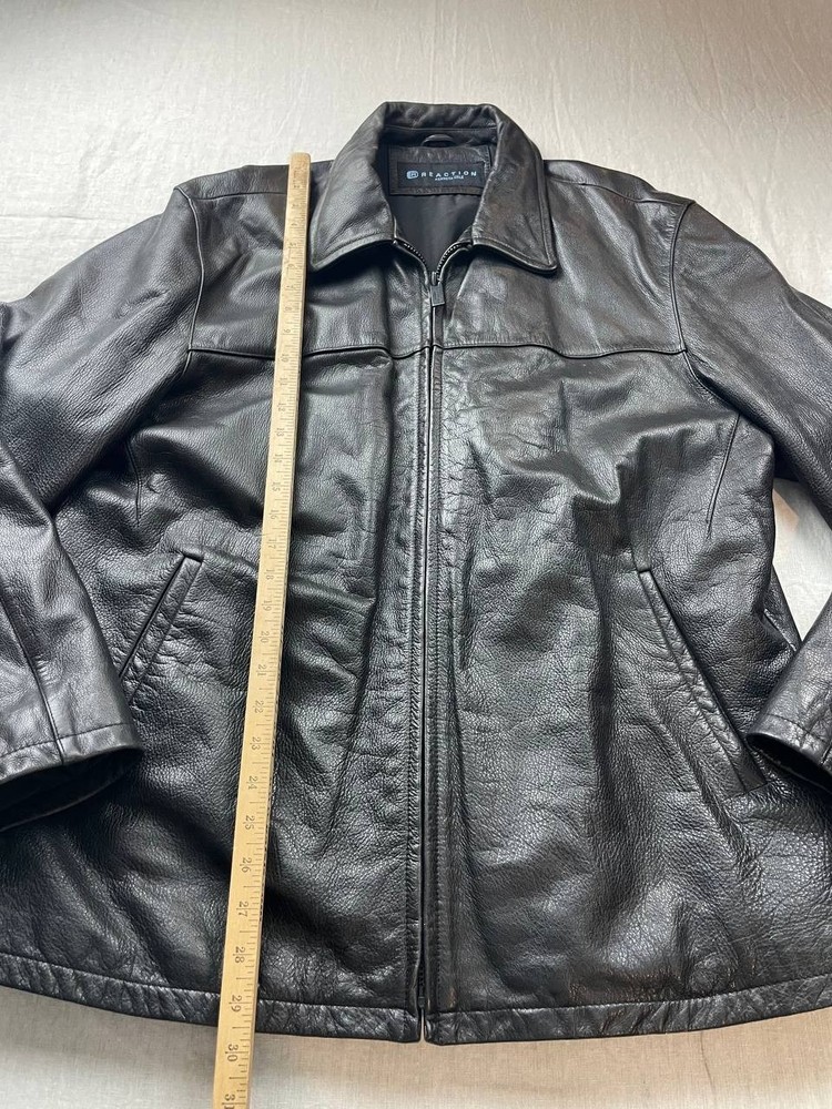 Reaction Kenneth Cole Leather Mens Bomber Jacket Size XL Black Full Zip-image