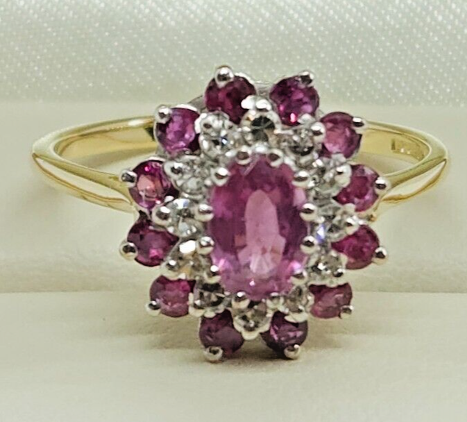 Vintage 18ct Gold pink sapphire and diamond cluster ring
