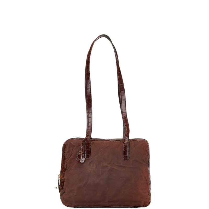 RARE PRADA Brown Nylon Leather Shoulder Bag with Triangle Logo