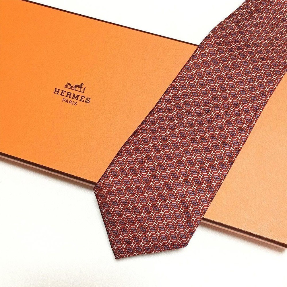 HERMES Necktie Tie All over H Logo pattern 100% Silk Made in France Men's Red