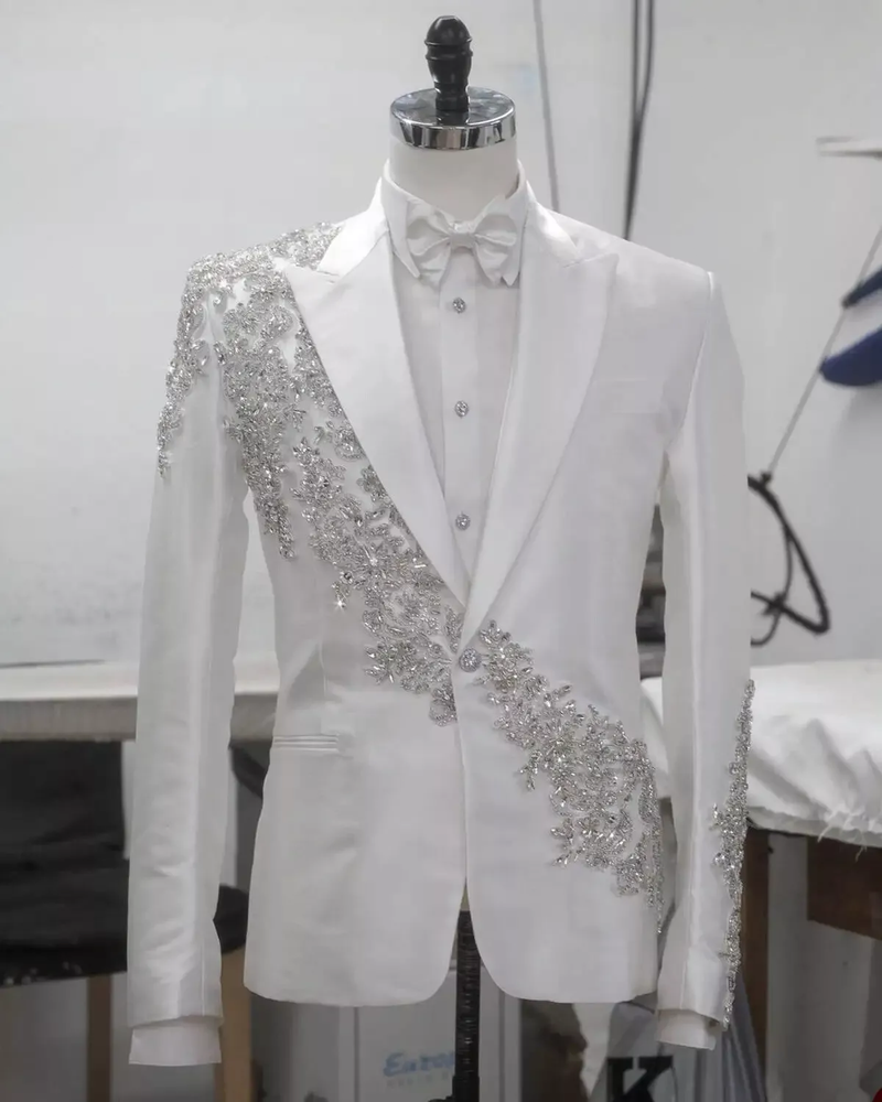 Luxury White Diamond Mens Suit Formal Groom Wedding Banquet Attire