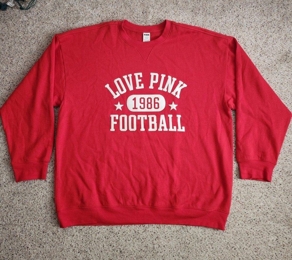 New PINK Victoria's Secret  red love pink football crewneck sweater Size XL
