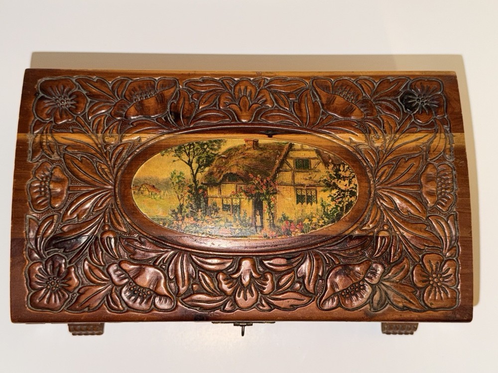 Vtg Hand Carved Wooden Cedar Storage Box w Mirror  Hinged Lid Handles