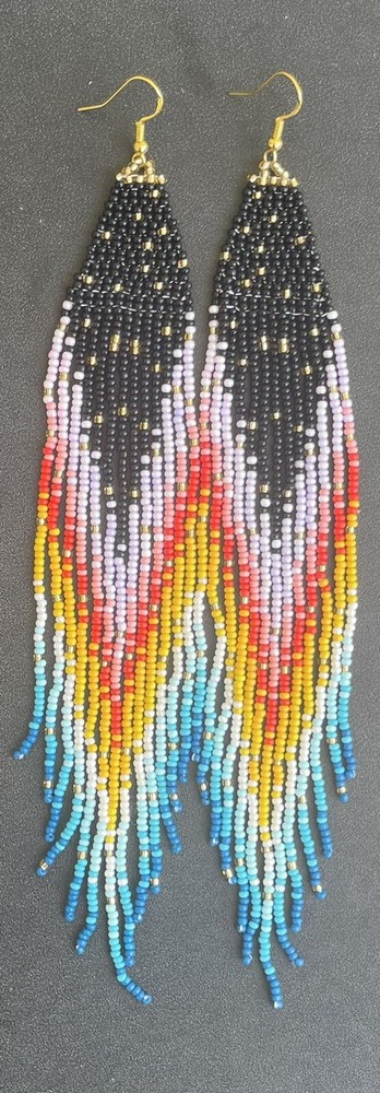 Boho Native Style Multicolor  Seed Bead Beaded Earrings Fringe Tassel Extra Long
