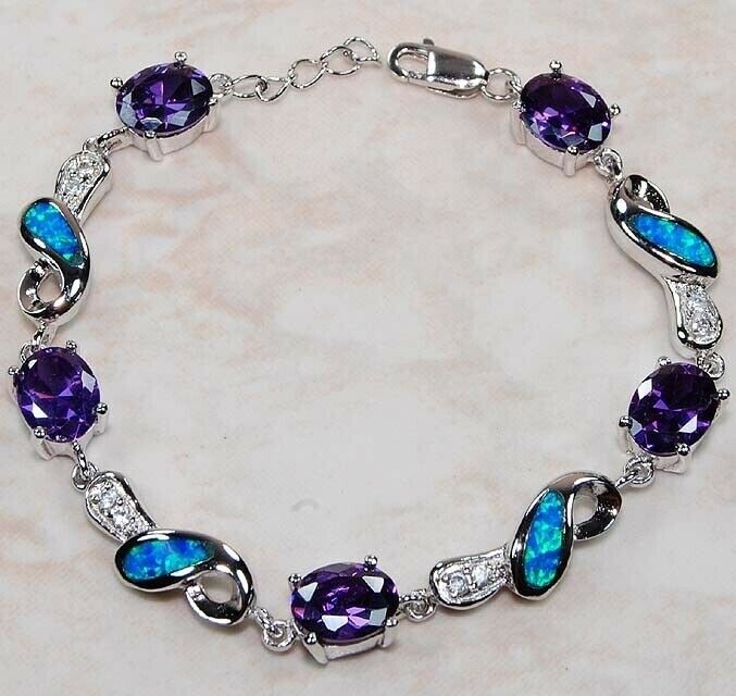 Amethyst & Australian Opal Inlay 925 Solid Sterling Silver Tennis Bracelet
