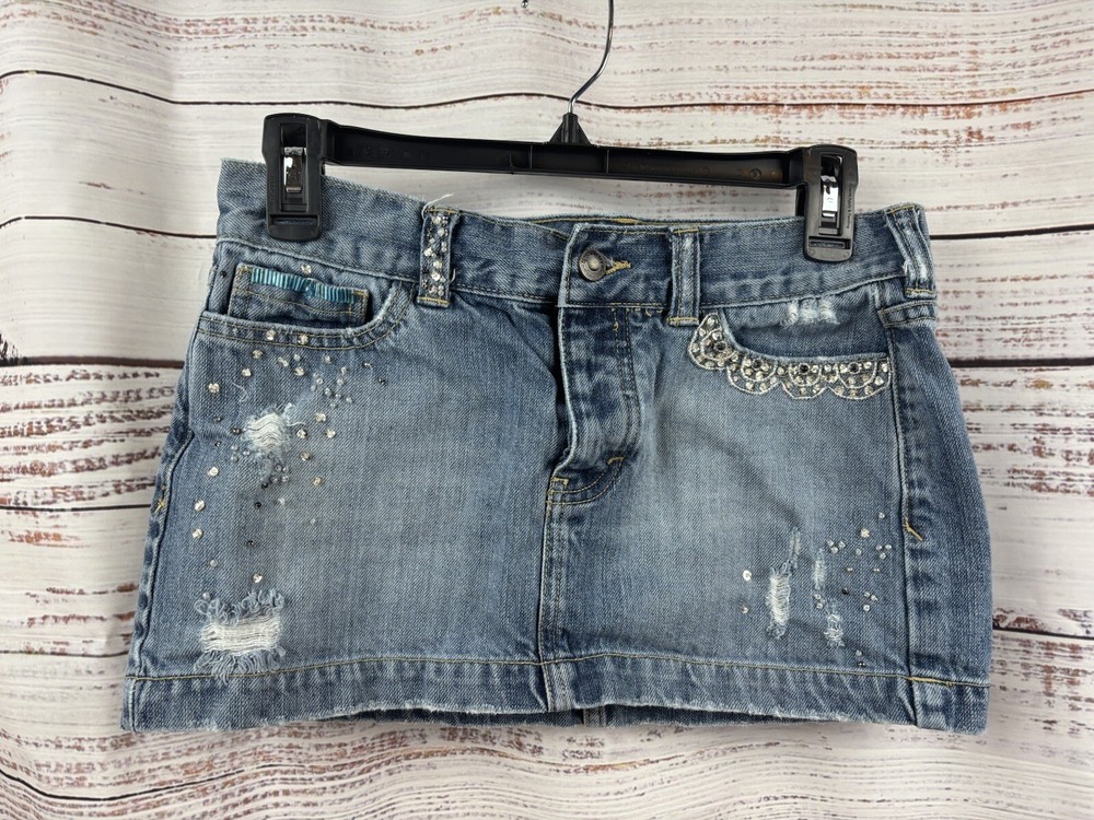 Hollister Vintage Denim Mini Skirt Y2K Beaded Distressed Juniors SZ 3