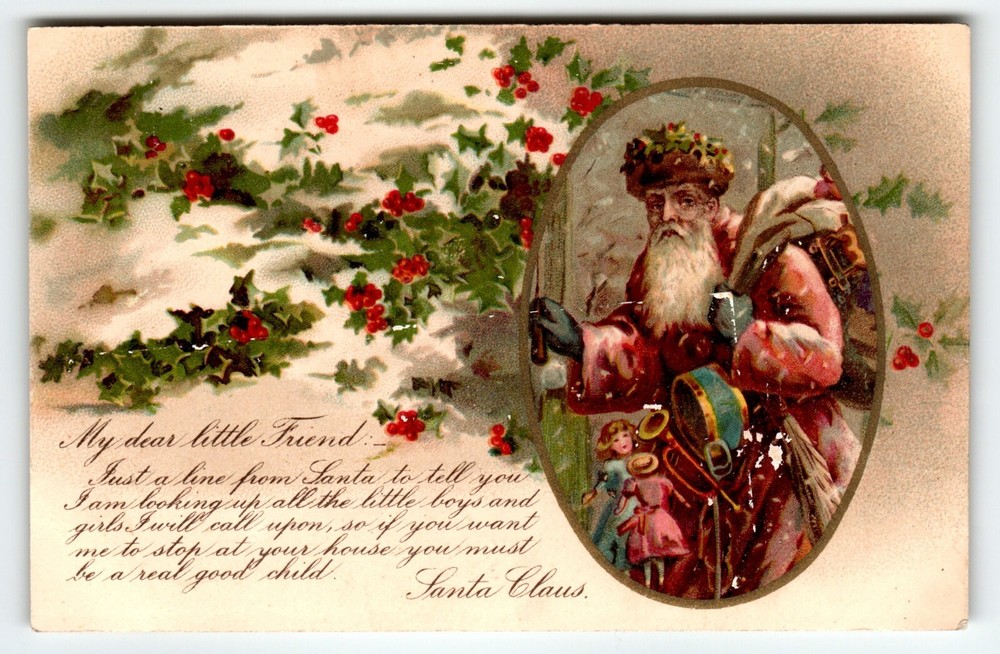 Santa Claus Christmas Postcard Maroon Suit Coat Old World Undivided Back Antique