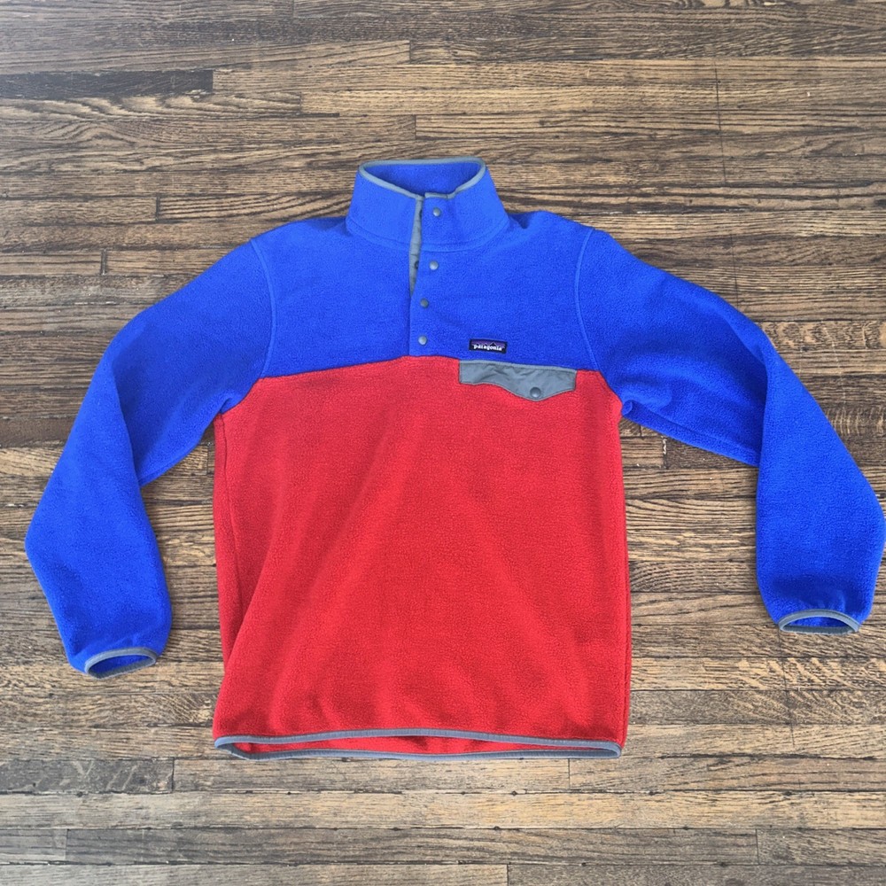 Patagonia Lightweight Synchilla Snap T Men Medium Blue Red Pullover Casual Logo