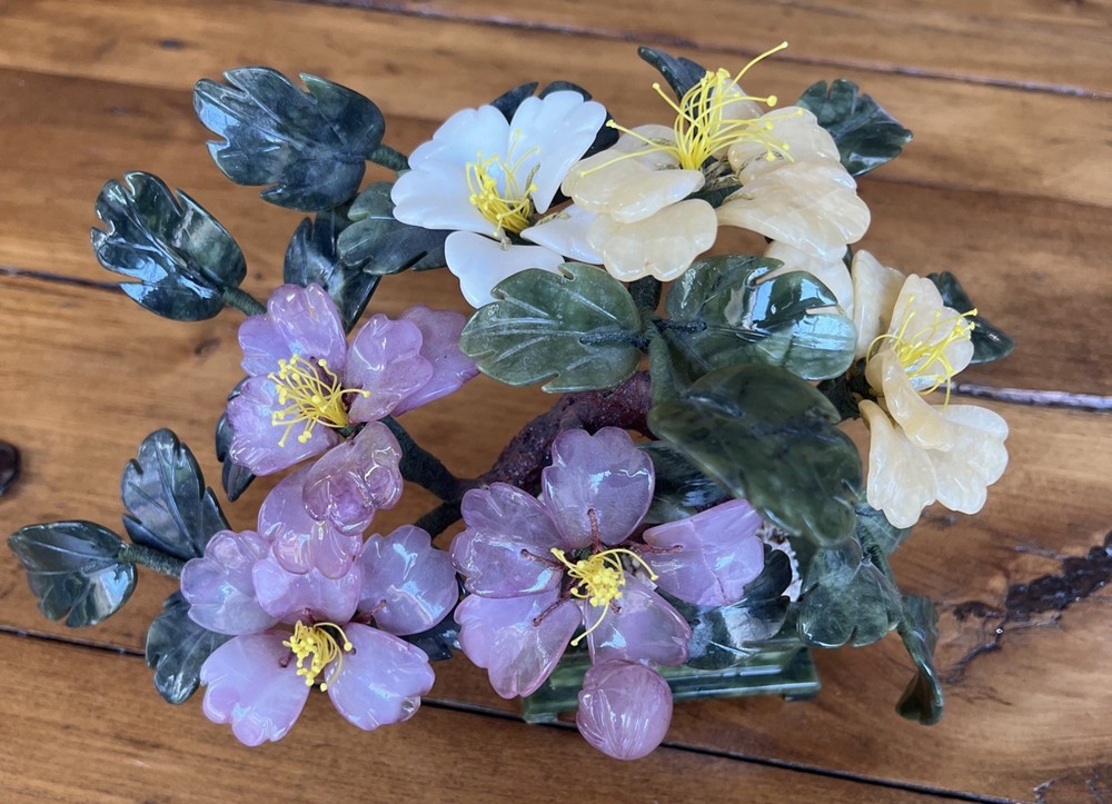 Vintage Jade Rose Quartz Yellow Calcite White Stone Blossom Bonsai Tree