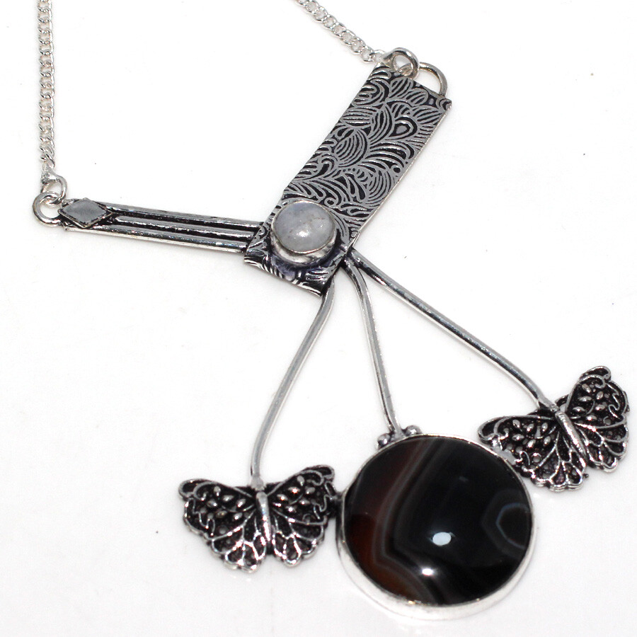 Banded Black Onyx Rainbow Moonstone 925 Silver Plated Necklace 19