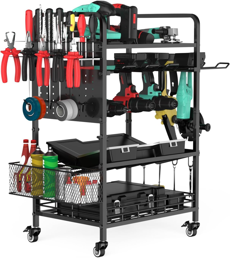 Power Tool Organizer Garage Storage 6 Drill Tool Holder Rack Rolling Tool Cart o