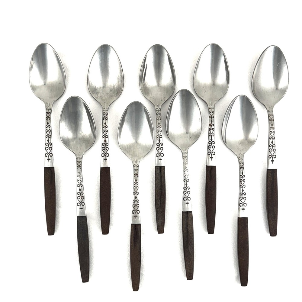 Lot of 9 Interpur INR2 Teaspoons SS + Brown Synthetic Handles w Cracks