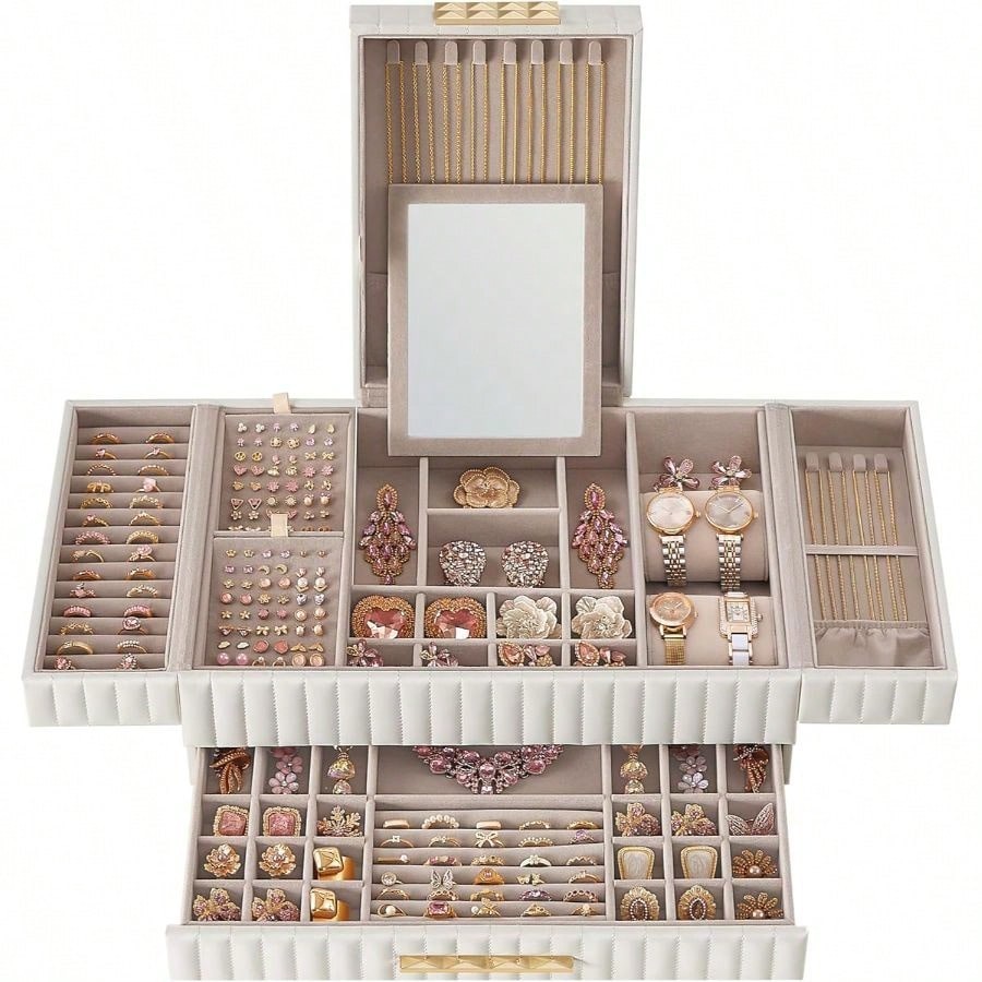 RFG Large PU Leather Jewelry Box with Mirror and Drawer Organizer