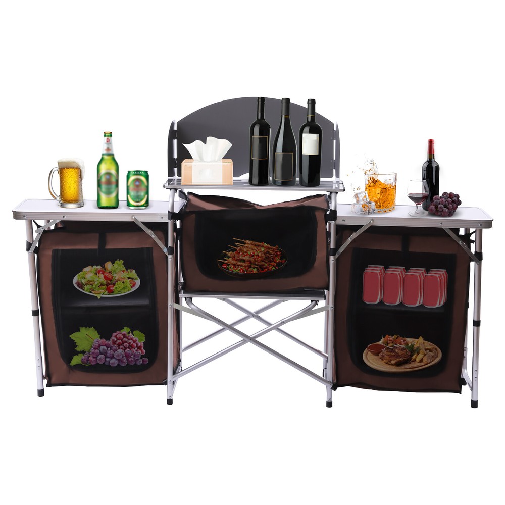 Folding Table Stand Portable Camping Kitchen &Windshield Cooking Station Brown