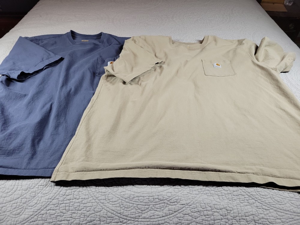 2 Carhartt Logo Mens Pocket T-Shirts Loose Fit Bluestone/Beige Sz 3XL 56