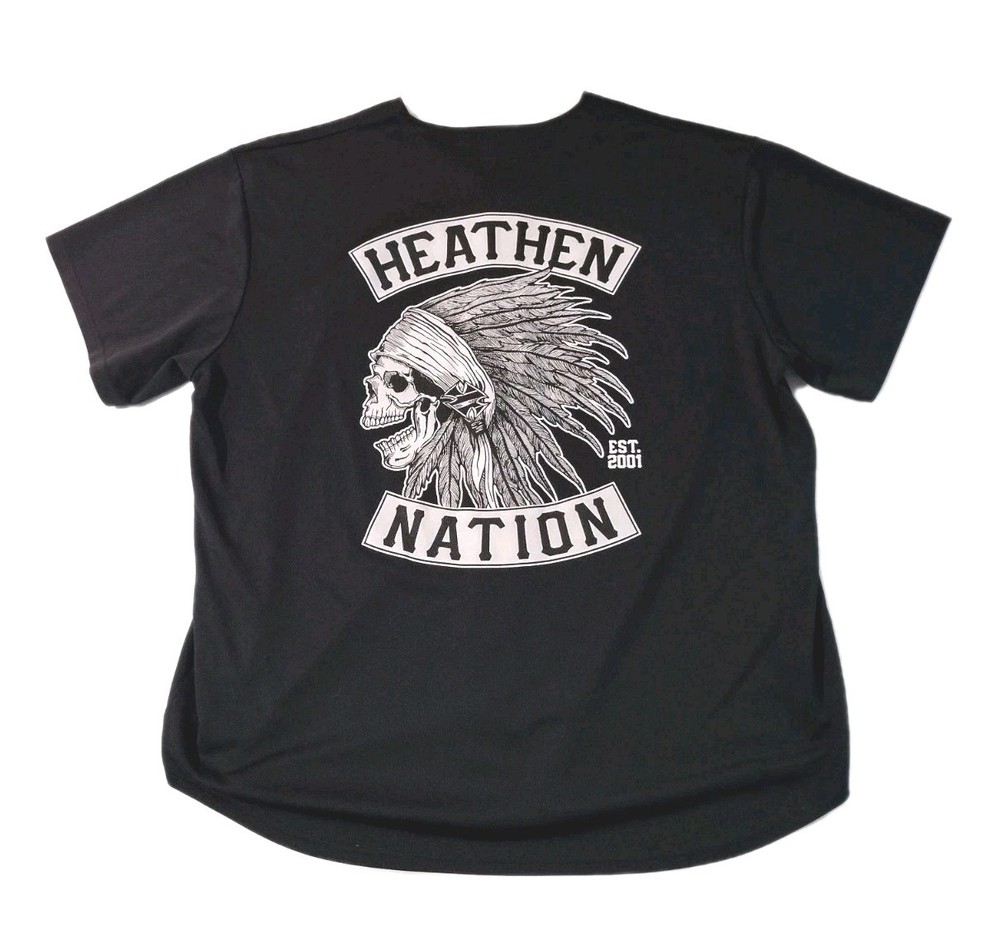 Heathen Nation 4XL Button Up Productions Men’s Black Chief Logo Baseball Jersey.