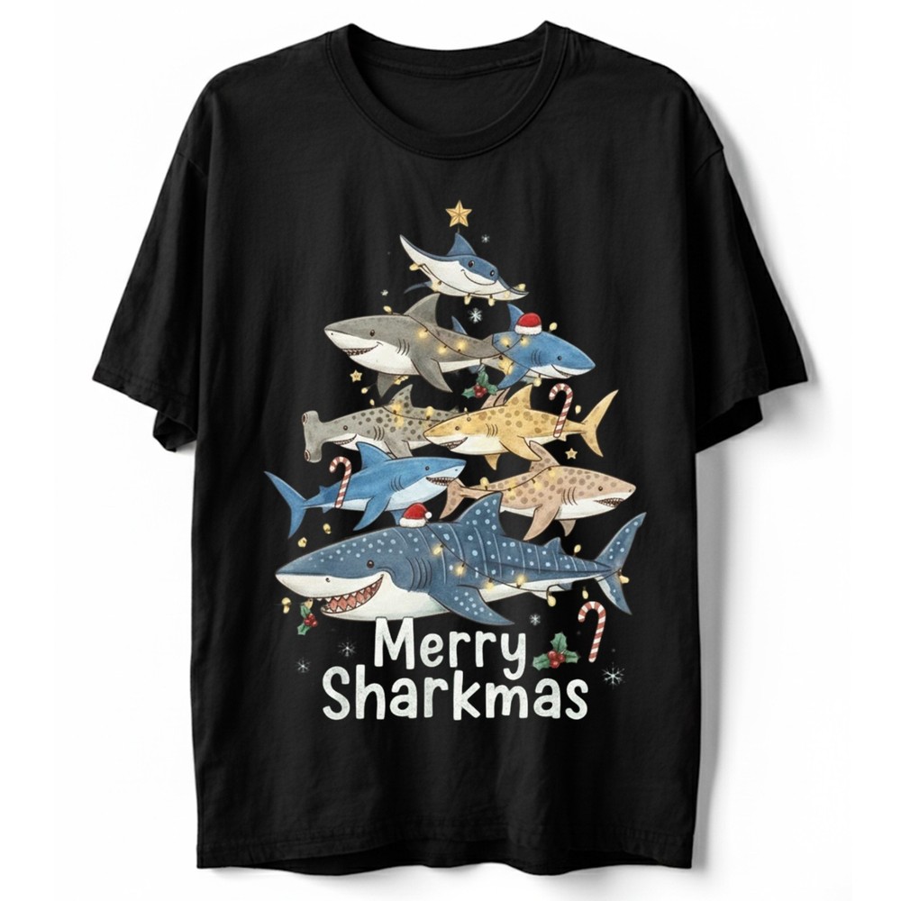 Merry Sharkmas T-Shirt Funny Shark Christmas Tree Marine Biology Holiday Gift
