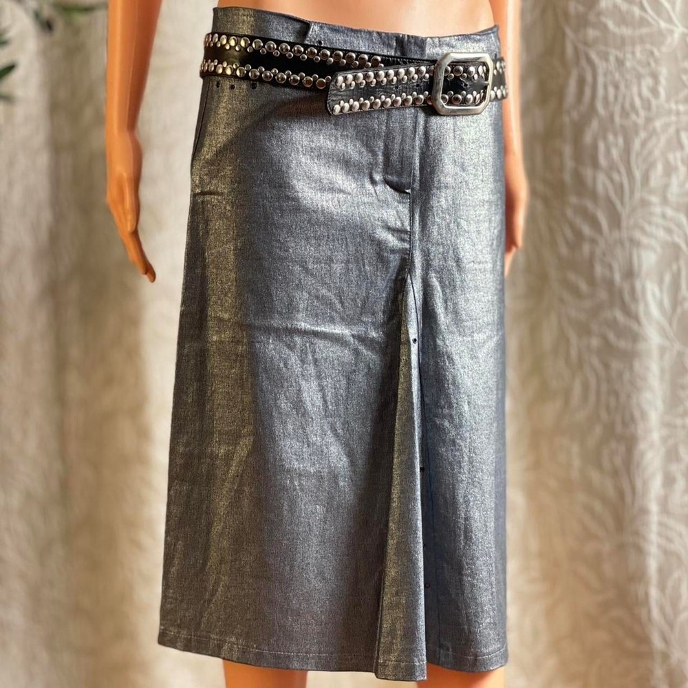 Vintage Y2K Sharagano Paris Silver Metallic Denim Jean Skirt Trashy McBling Sz 2