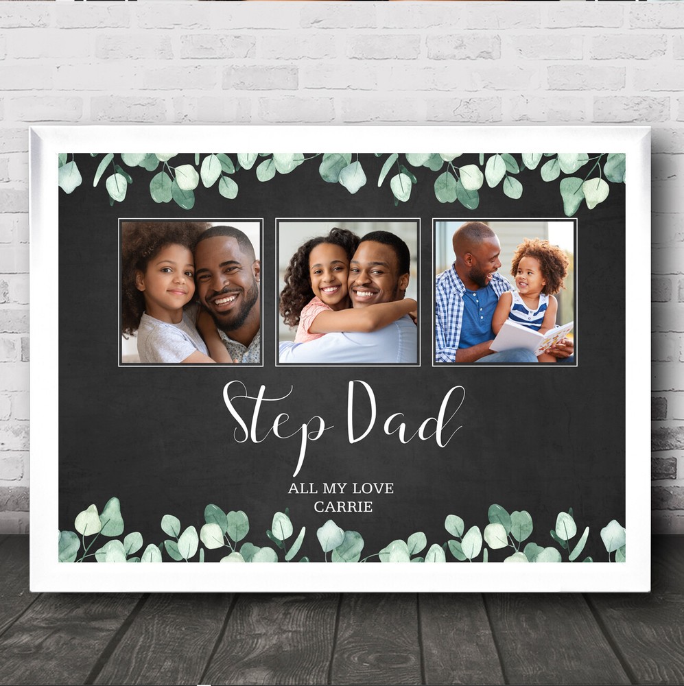 Fathers Day Stepdad & Photo Green Black Foliage Personalised Gift Print-image