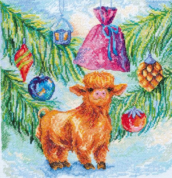 New Year cross stitch kit with white 14ct Aida 25x25cm-image