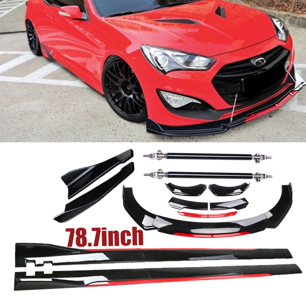 Hyundai Genesis 2DR Glossy Black Front Lip Splitter & Red Side Skirts