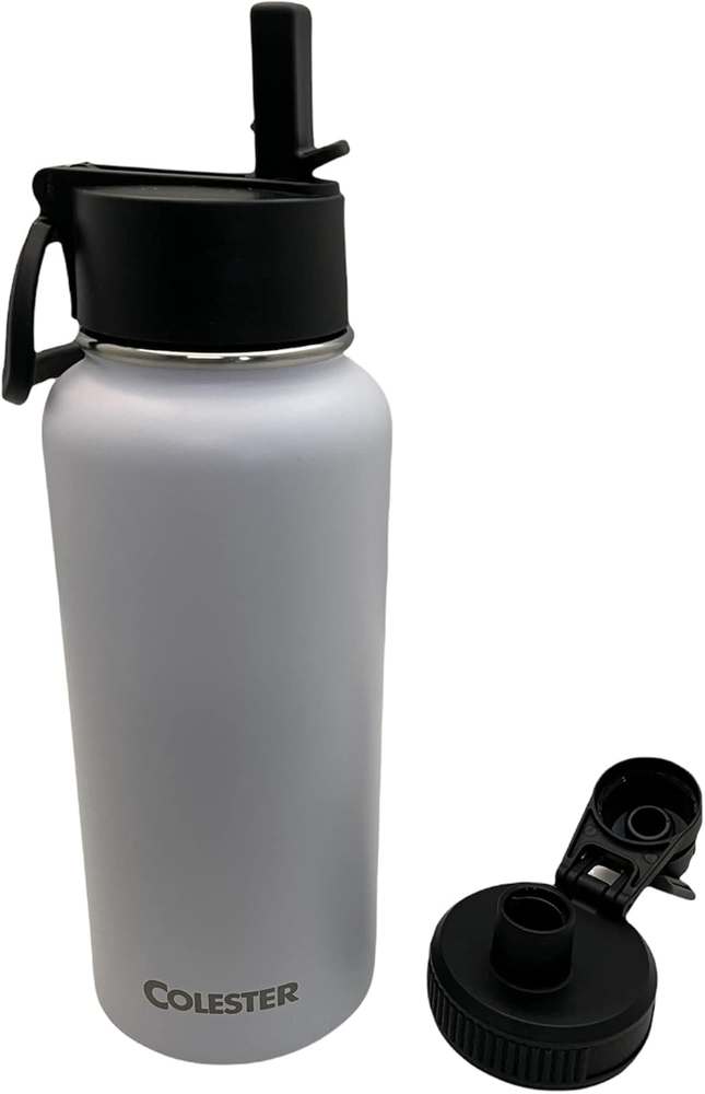 **Stainless Steel Double-Walled Water Bottle with Flip Straw Lid & Wide Mouth**  