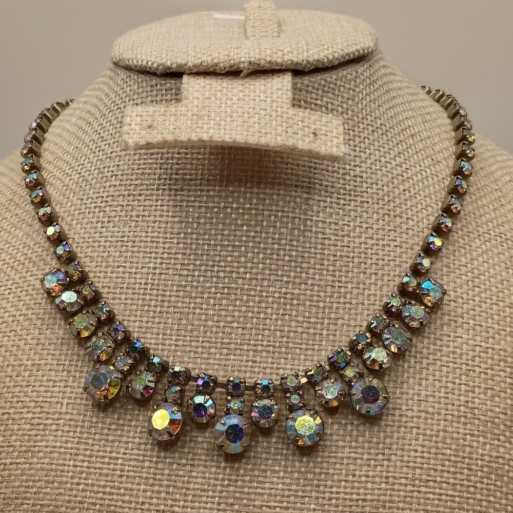 Vintage Aurora Borealis Waterfall Rhinestone Choker Necklace Silver Tone 14