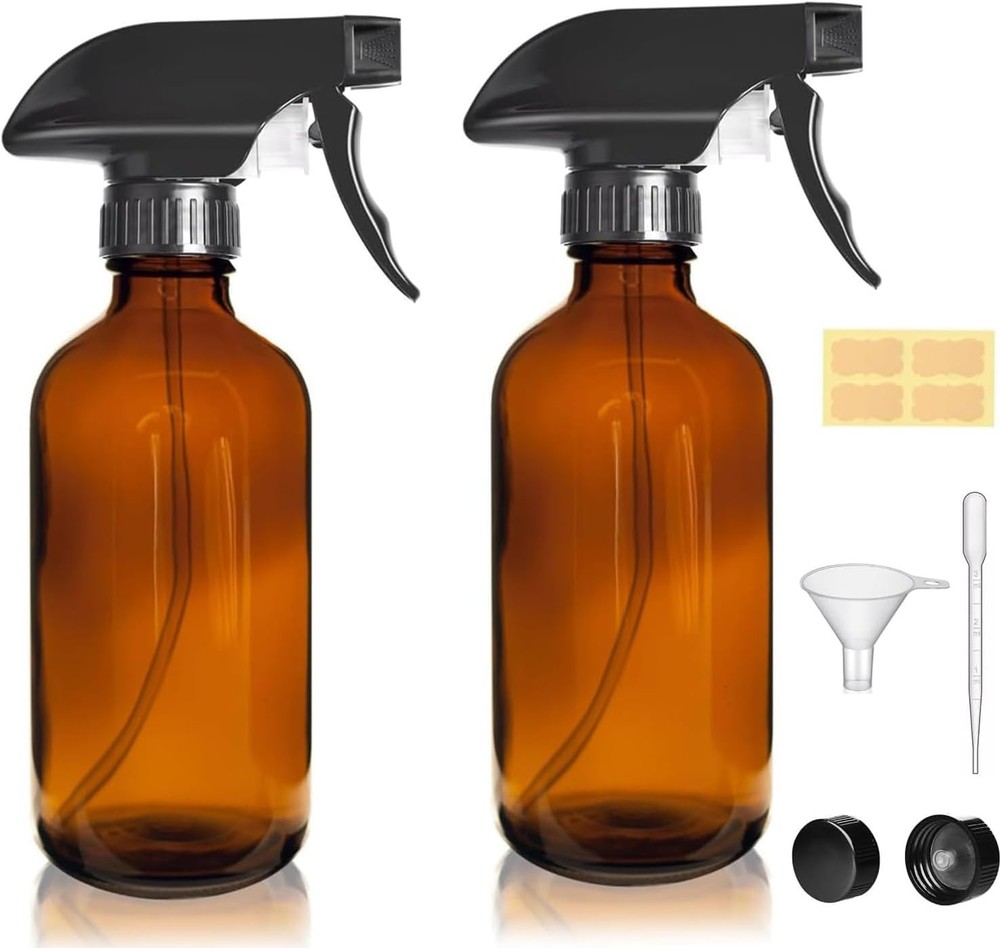 8oz Amber Glass Spray Bottles - 2 Pack Empty Refillable Bottles for Cleaning, Ha