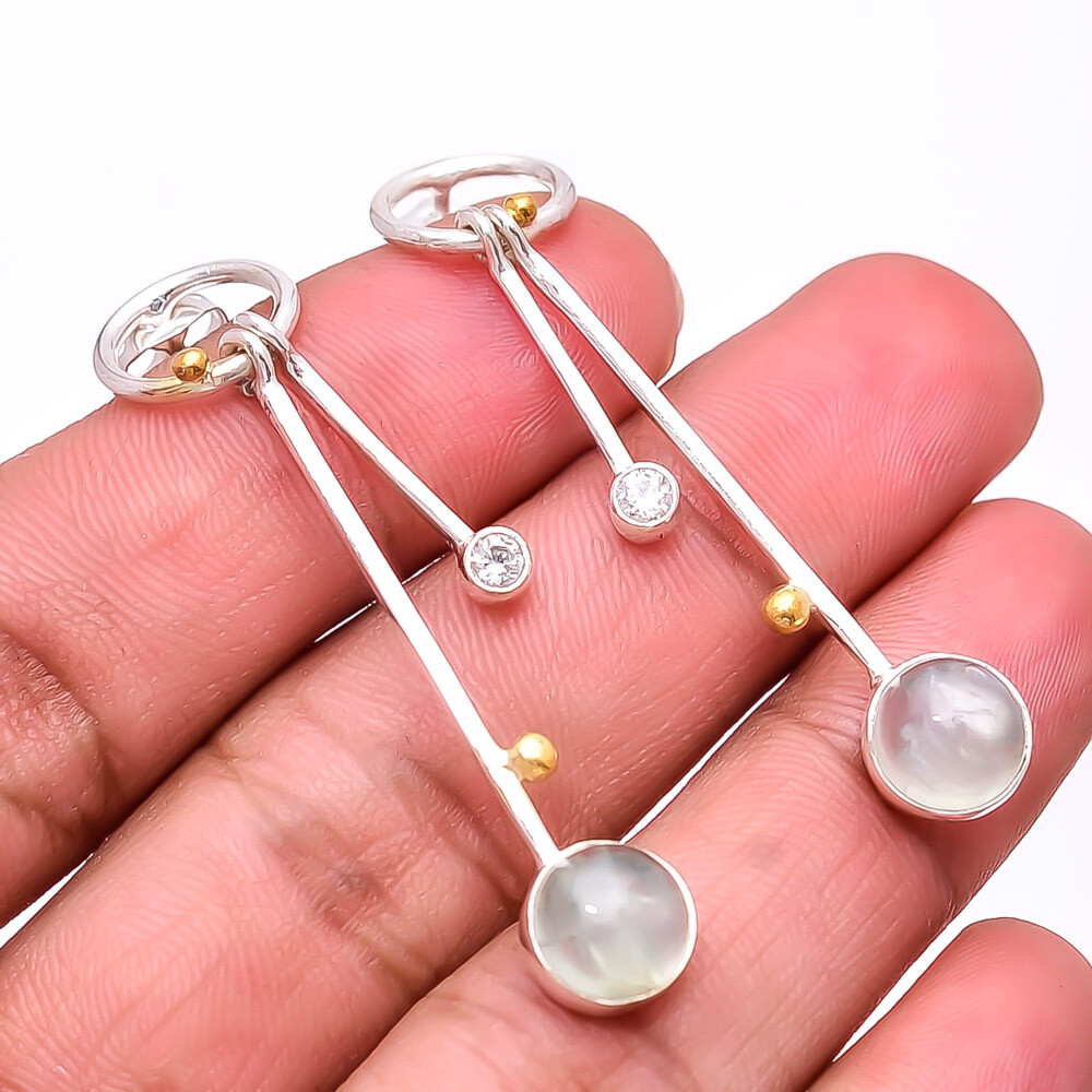 Prehnite & White Topaz 925 Sterling Silver Two Tone Earring 2.03