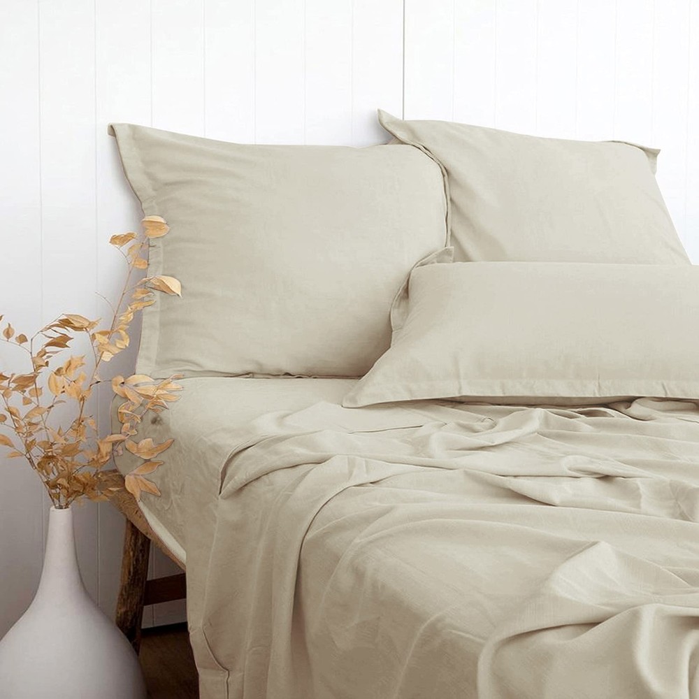 Beige linen-textured bed sheets set in bamboo rayon cotton linen blend