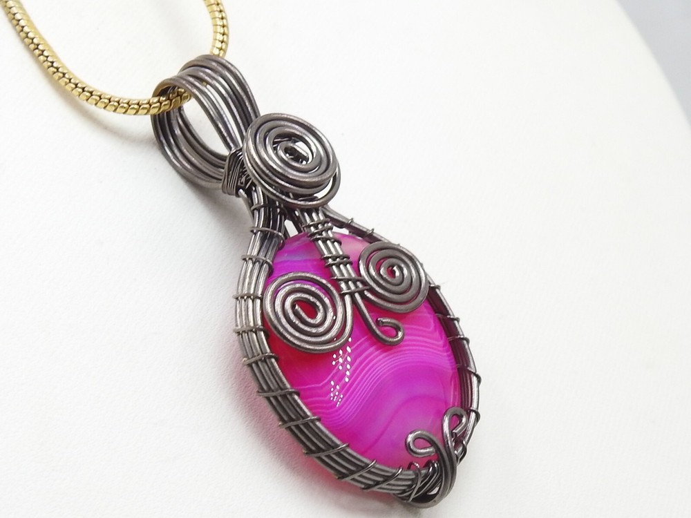 Pink Strip Agate Brass Pendant Silver Oxidised Polished Wire Wrapped Jewelry