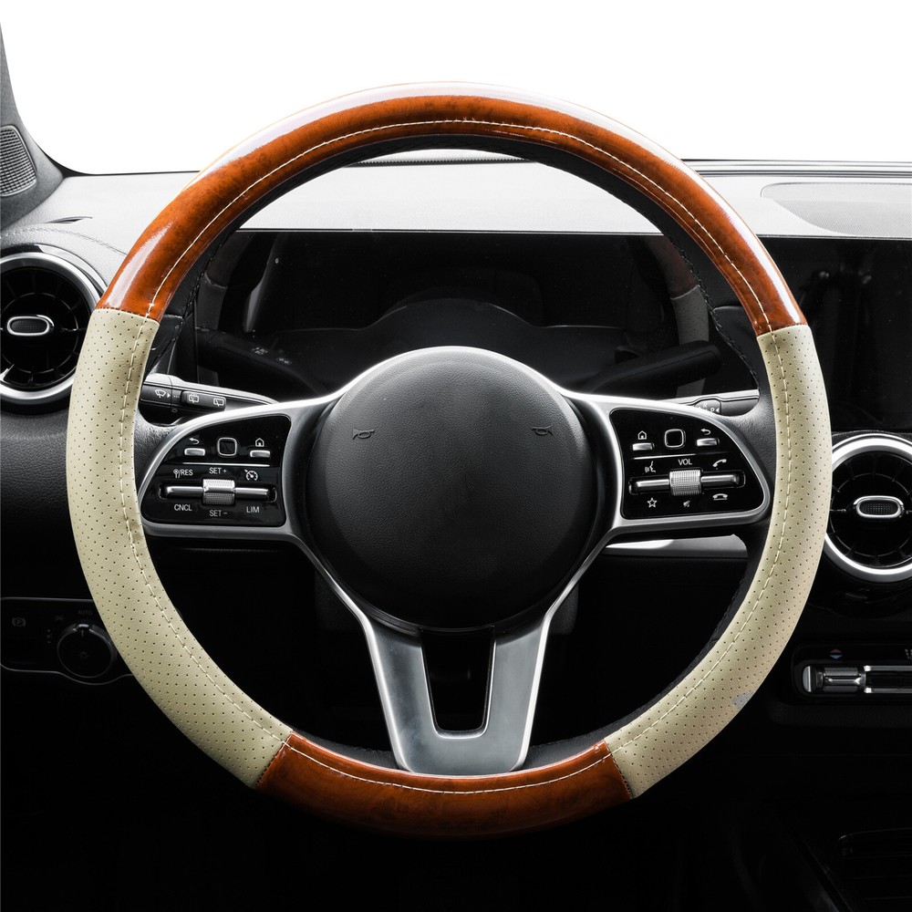 Wood Grain Leather Steering Wheel Cover Anti-Slip Breathable for Car SUV Jeep