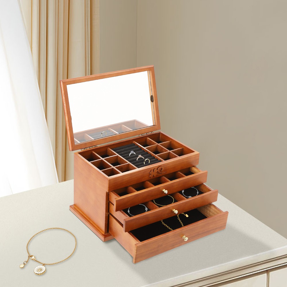 Wooden Jewelry Organizer Box with Drawer for Rings and Earrings Storage