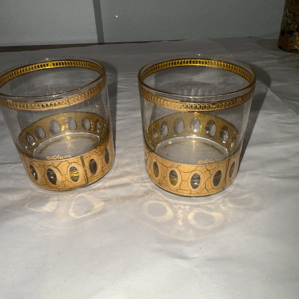 Vintage Mid Century Modern Culver Glass Valencia Low Ball Glass Pair Barware