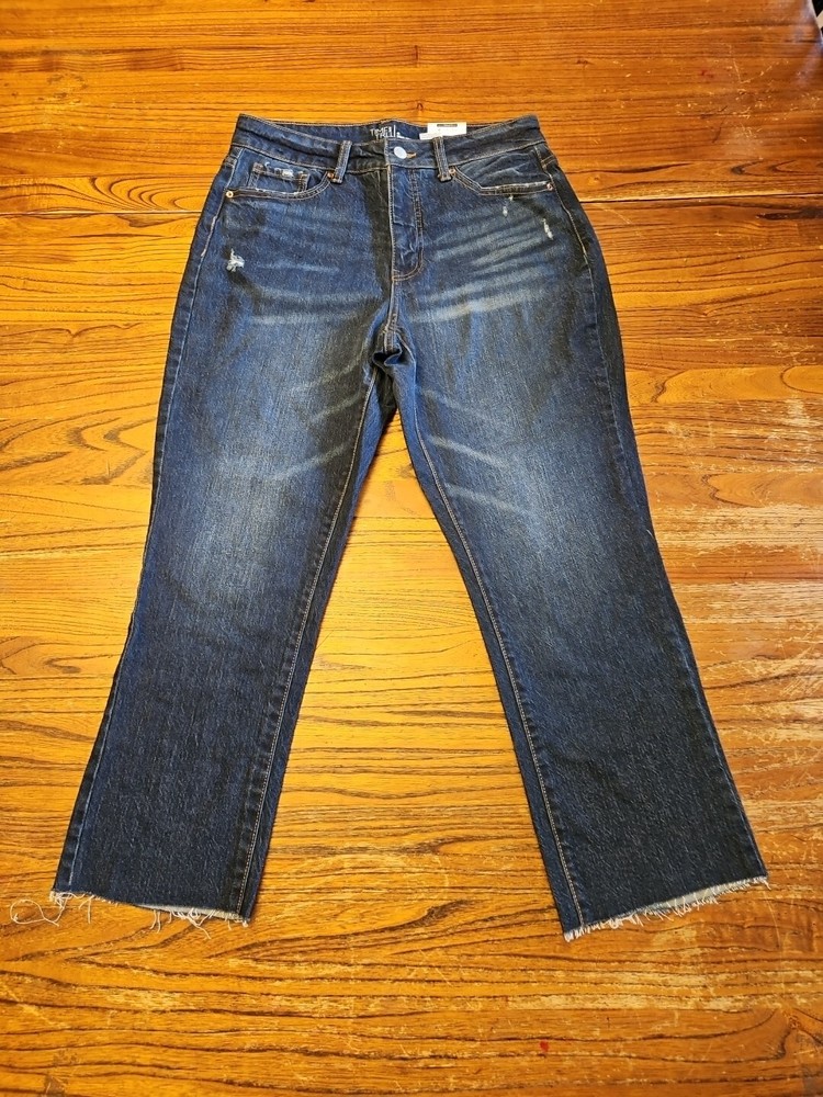 Time and Tru Womens High Rise Dark Wash Distressed Straight Crop Jeans Size 8 New