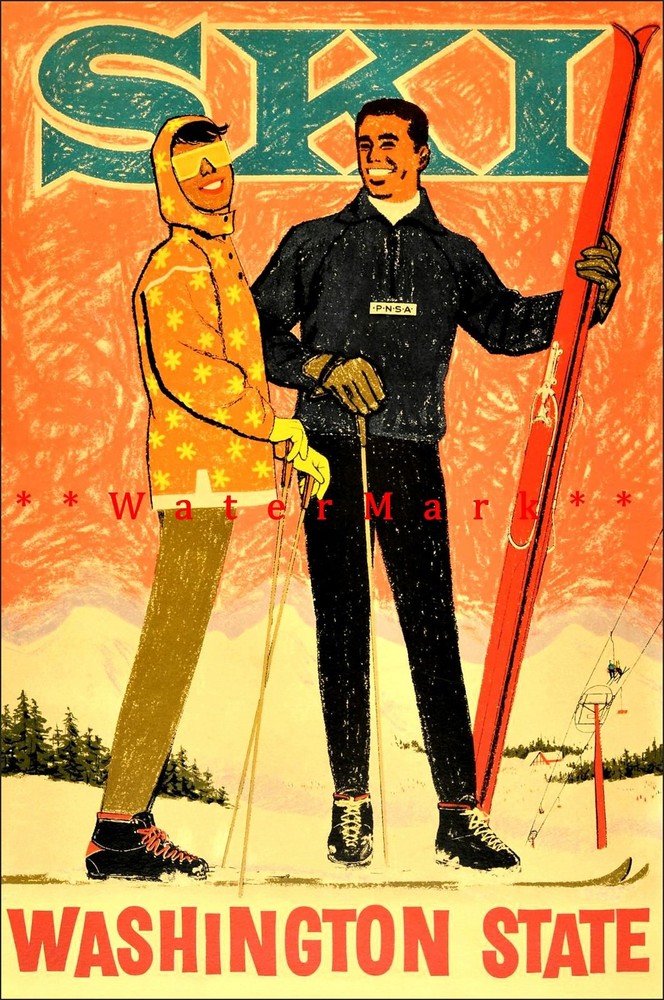 Vintage 1950 Washington State Skiing Retro Art Print Winter Sports Poster  