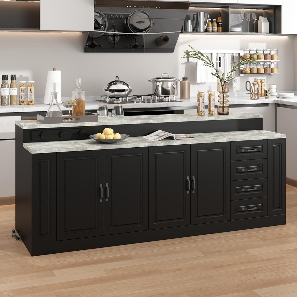 Large Stationary Kitchen Island with Charging Station, Modern Storage Kitchen