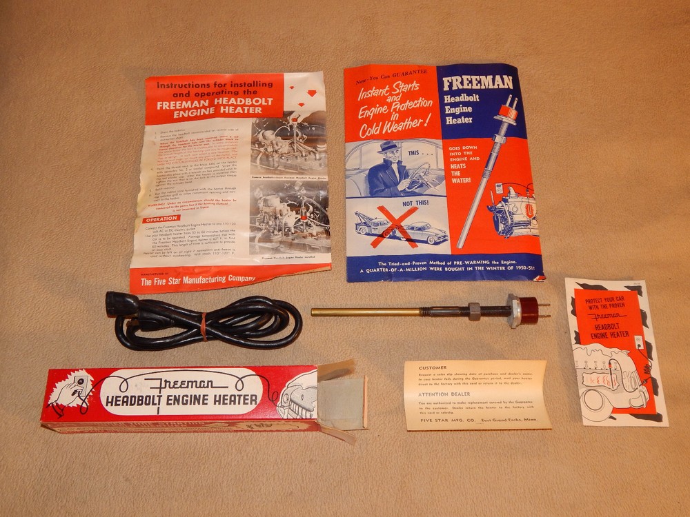 NOS Vtg Freeman Headbolt Engine Heater W/Box & Instructions Advertising Gas Oil