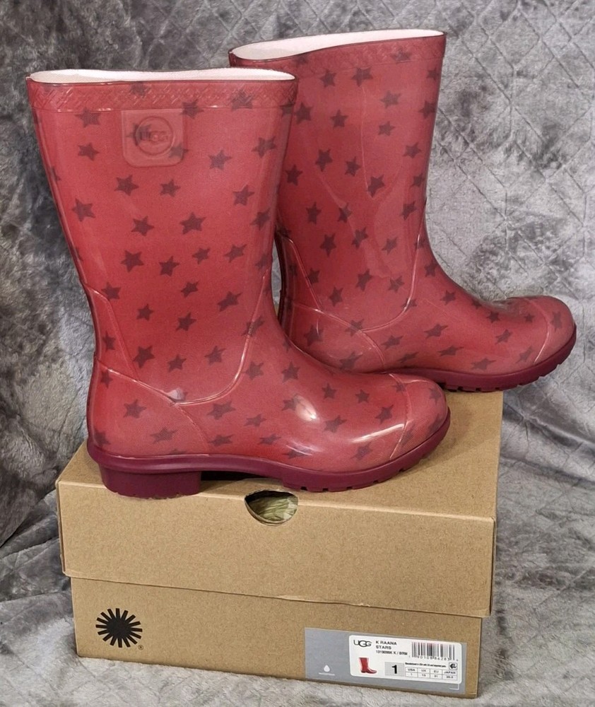 UGG Rain Boots Raana Pink Stars Size 1 Youth Rubber Childrens Waterproof Boot
