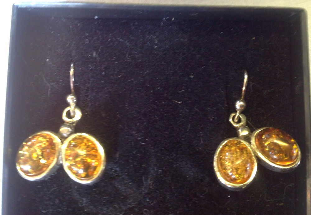Sterling silver vintage-style brown amber double oval dangle earrings 1 inch drop-image