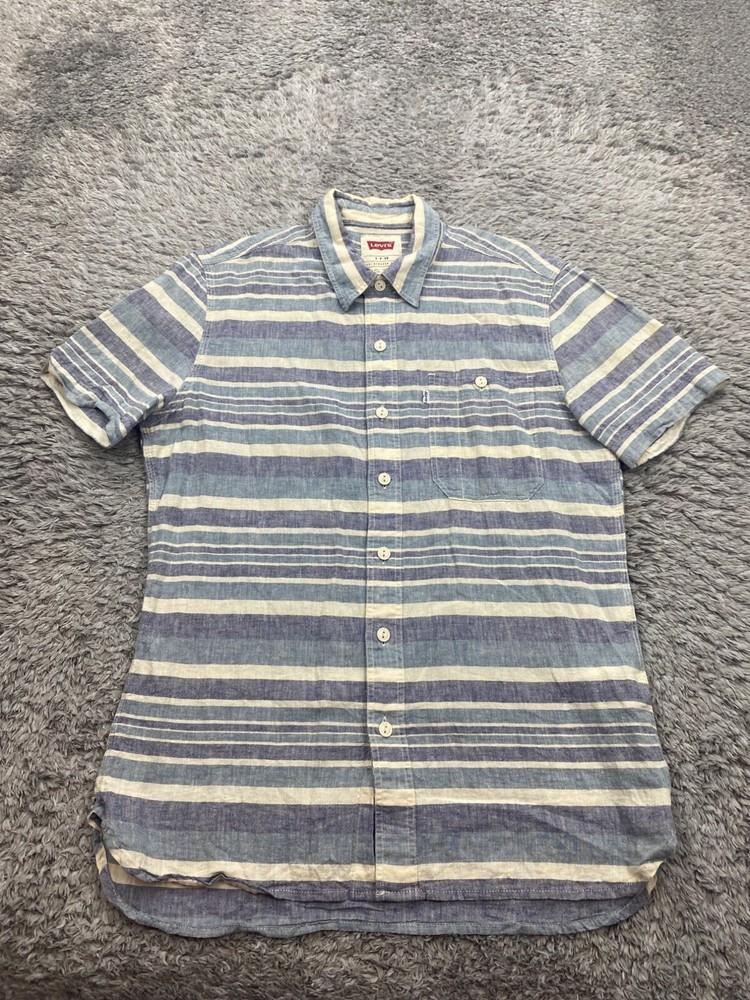 Levis Shirt Men Small Striped Linen Blend Short Sleeve Lightweight Button Up