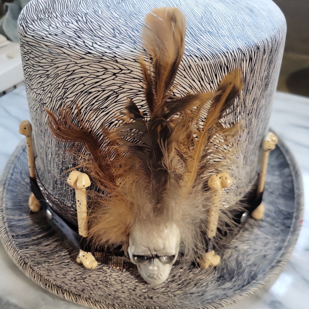 Black Voodoo Adult Top Hat Skull Bones Feather Witch Doctor Costume Headpiece