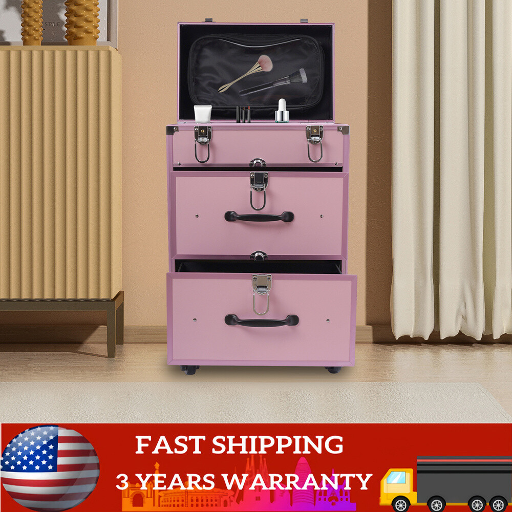 Rolling Makeup Train Case with Drawers Professional Cosmetics Storage Organizer