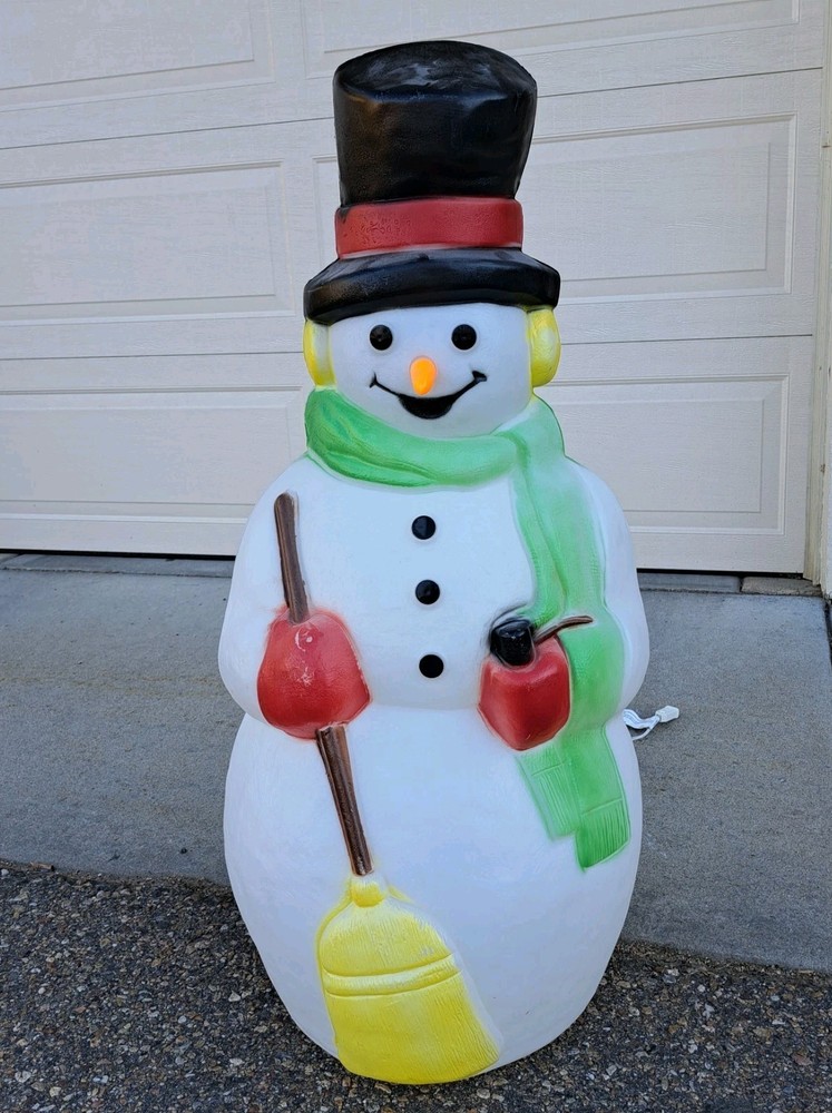 38” Vintage Empire Snowman Broom Carrot Nose Blow Mold Lighted Christmas WORKS